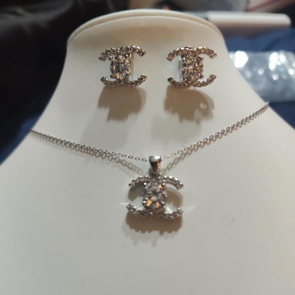 Chanel Moissanite Necklace And Earrings Sterling Silver all Stamped - Picture 2 of 2